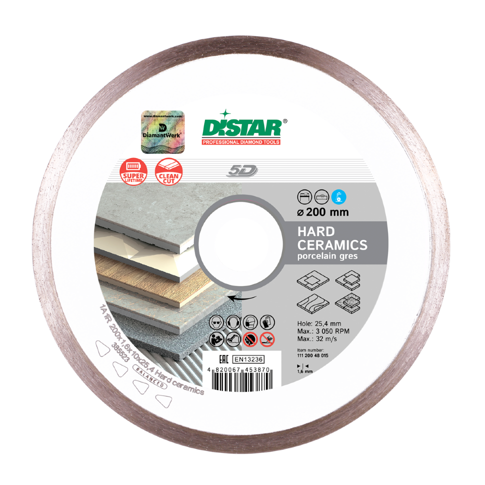 Алмазный отрезной диск Distar 200mm hole 25.4mm max.3050 RPM Hard keramics